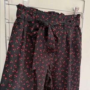 Cherry Print Trouser Pants with Bow Tie